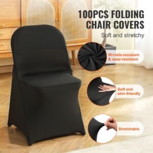 stretch spandex folding chair covers, universal fitted chair cover, removable washable protective slipcovers, for wedding, holiday, banquet, party, celebration, dining (100pcs black)