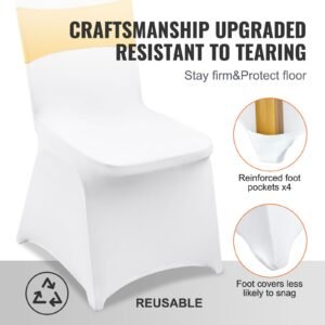 stretch spandex folding chair covers, universal fitted chair cover with chair sashes, removable washable protective slipcovers, for wedding, holiday, banquet, party, dining (50 set gold & white)