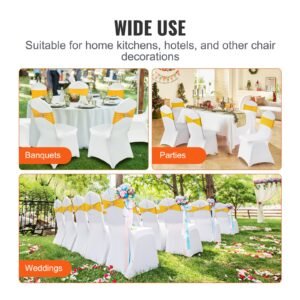 stretch spandex folding chair covers, universal fitted chair cover with chair sashes, removable washable protective slipcovers, for wedding, holiday, banquet, party, dining (50 set gold & white)