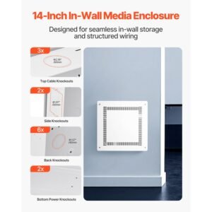 structured media enclosure, 14 inch, recessed in wall media box with cover, wall mount cable management box kit, structured wiring multi media cabinet, cold rolled steel, for tv home theater
