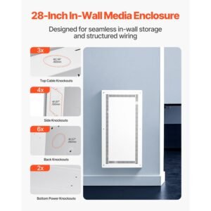 structured media enclosure, 28 inch, recessed in wall media box with cover, wall mount cable management box kit, structured wiring multi media cabinet, cold rolled steel, for tv home theater