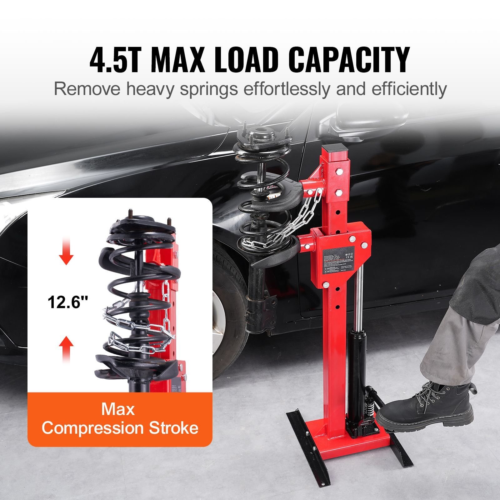 strut spring compressor, 4.5 ton/9920 lbs hydraulic jack capacity, 1 ton rated compression force, auto strut coil spring compressor tool, hydraulic spring compressor for strut spring removing