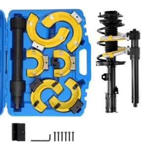 strut spring compressor set, macpherson strut spring compressor kit, interchangeable fork strut coil extractor remover tool, with yellow protective sleeve and carrying case