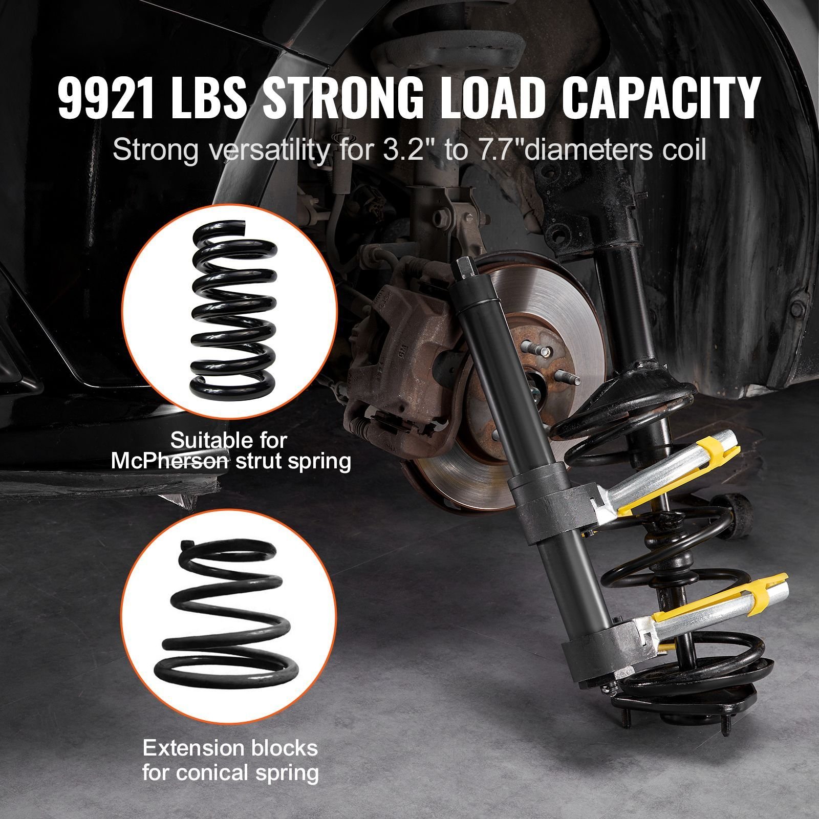 strut spring compressor set, macpherson strut spring compressor kit, interchangeable fork strut coil extractor remover tool, with yellow protective sleeve and carrying case