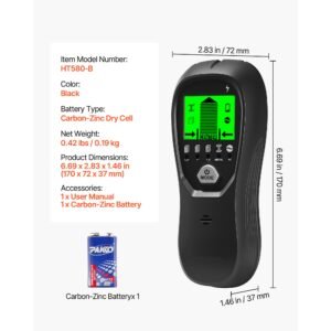 stud finder wall scanner, 5 in 1, electronic wall stud detector with smart sensor, high definition lcd display and audio alarm, for the center and edge of metal, ac wire, joists, pipes, black