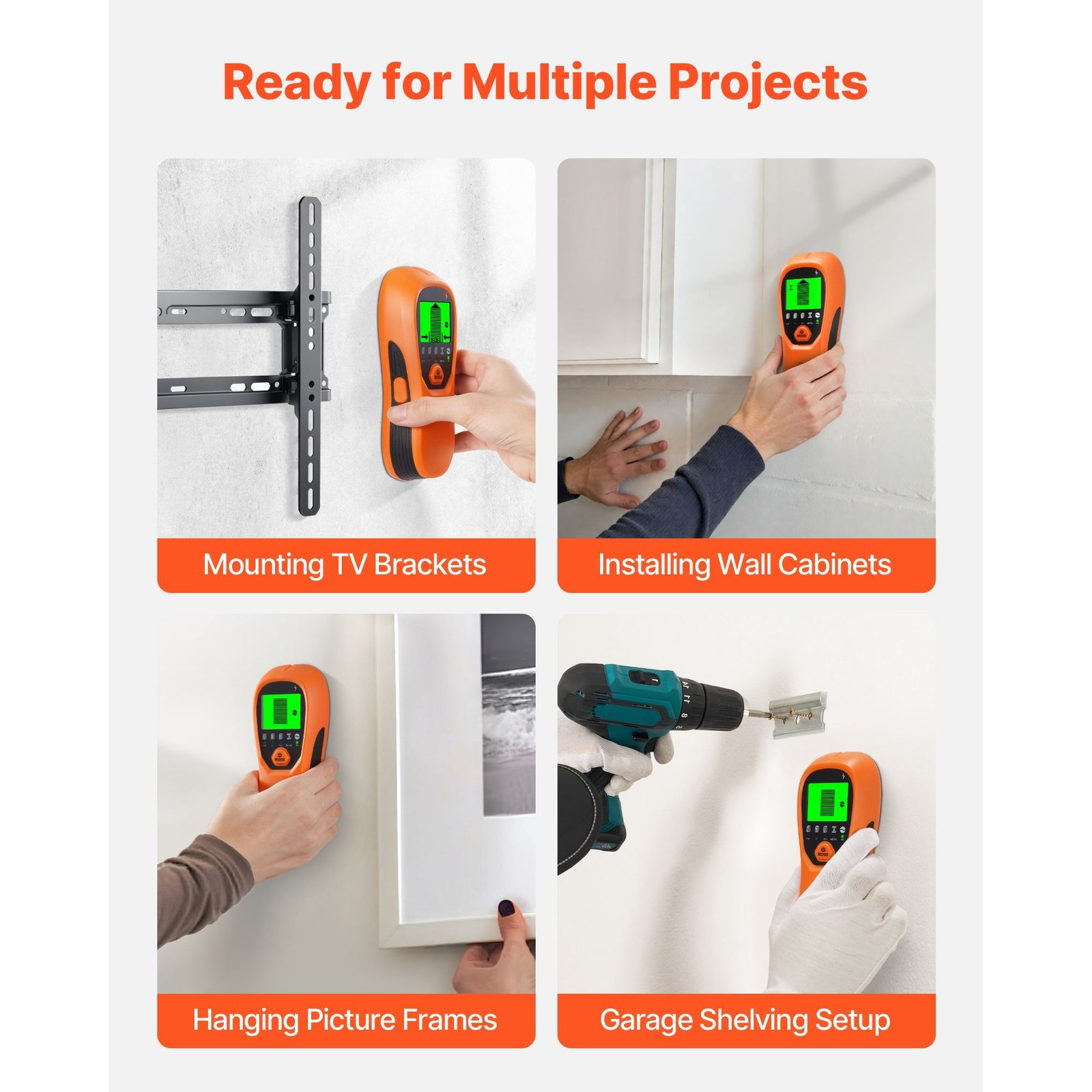 stud finder wall scanner, 5 in 1, electronic wall stud detector with smart sensor, high definition lcd display and audio alarm, for the center and edge of metal, ac wire, joists, pipes, orange