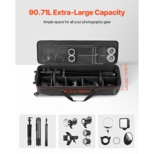 studio equipment trolley case, 39.37 x 14.96 x 12.60 in / 100 x 38 x 32 cm, rolling camera bag, carrying bag with wheels straps padded compartment handle, for light stands, tripods, telescopes