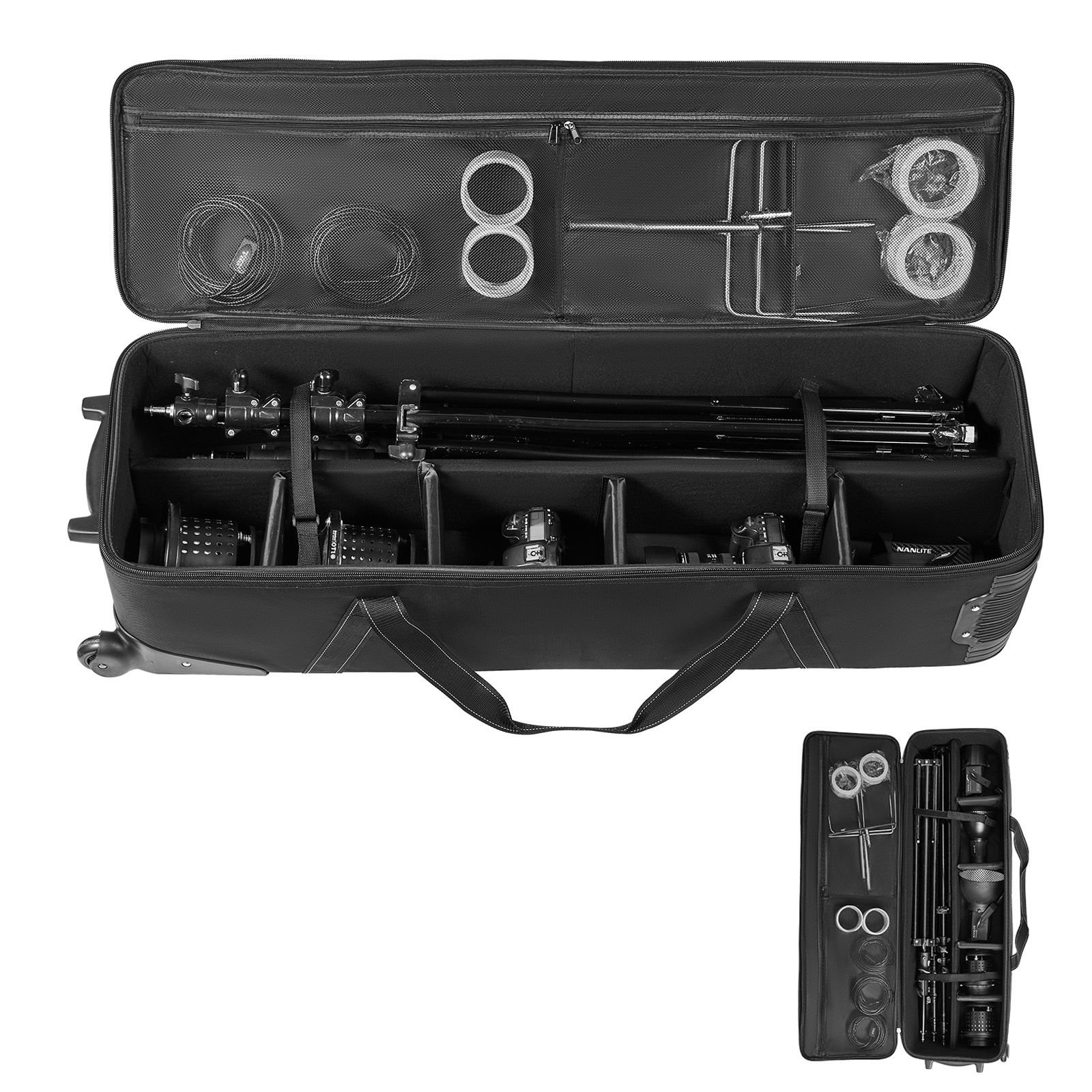 studio equipment trolley case, 39.37 x 14.96 x 12.60 in / 100 x 38 x 32 cm, rolling camera bag, carrying bag with wheels straps padded compartment handle, for light stands, tripods, telescopes