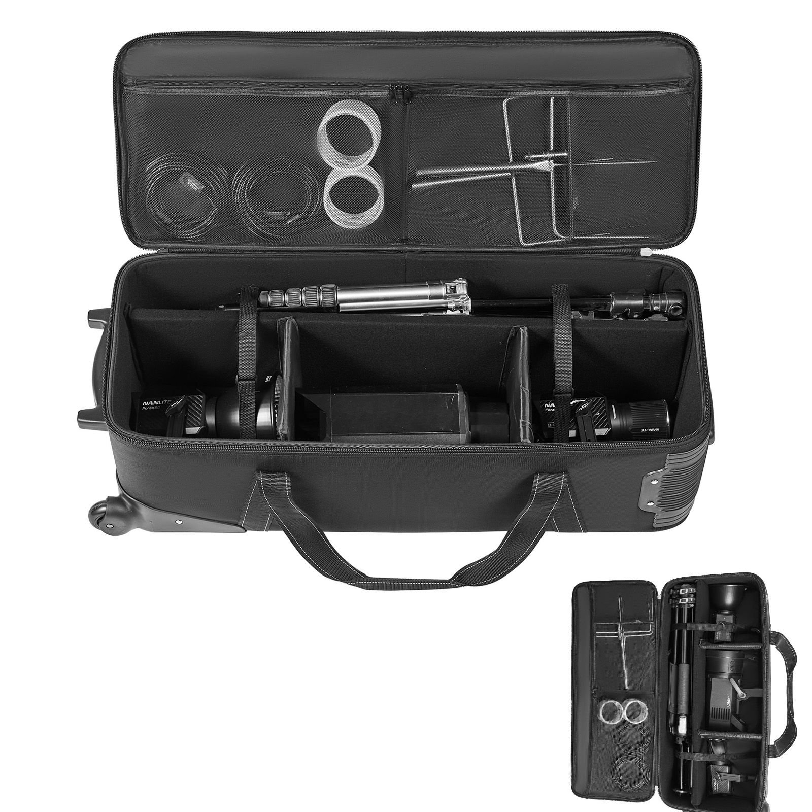studio equipment trolley case, 46.46 x 14.57 x 11.81 in / 118 x 37 x 30 cm, rolling camera bag, carrying bag with wheels straps padded compartment handle, for light stands, tripods, telescopes