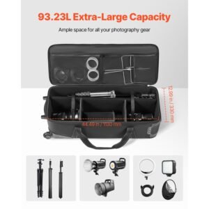 studio equipment trolley case, 46.46 x 14.57 x 11.81 in / 118 x 37 x 30 cm, rolling camera bag, carrying bag with wheels straps padded compartment handle, for light stands, tripods, telescopes