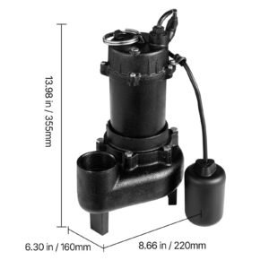 submersible sewage pump, 1 hp, 5200 gph cast iron sewage/effluent pump with automatic tethered float switch, 2 inch npt discharge, 120v, 25 ft max lift, for basement, septic tank, residential