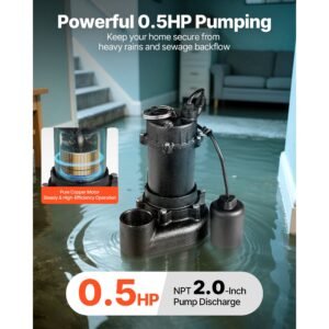 submersible sewage pump, 1/2 hp, 4800 gph cast iron sewage/effluent pump with automatic tethered float switch, 2 inch npt discharge, 120v, 20 ft max lift, for basement, septic tank, residential