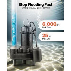 submersible sewage pump, 1/2 hp, 6000 gph cast iron sewage/effluent pump with automatic tethered float switch, 2 inch npt discharge, 120v, 25 ft max lift, for basement, septic tank, residential