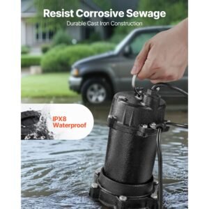 submersible sewage pump, 1/2 hp, 6000 gph cast iron sewage/effluent pump with automatic tethered float switch, 2 inch npt discharge, 120v, 25 ft max lift, for basement, septic tank, residential