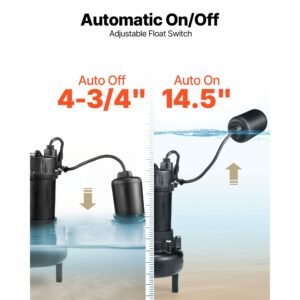 submersible sewage pump, 1/2 hp, 6000 gph cast iron sewage/effluent pump with automatic tethered float switch, 2 inch npt discharge, 120v, 25 ft max lift, for basement, septic tank, residential