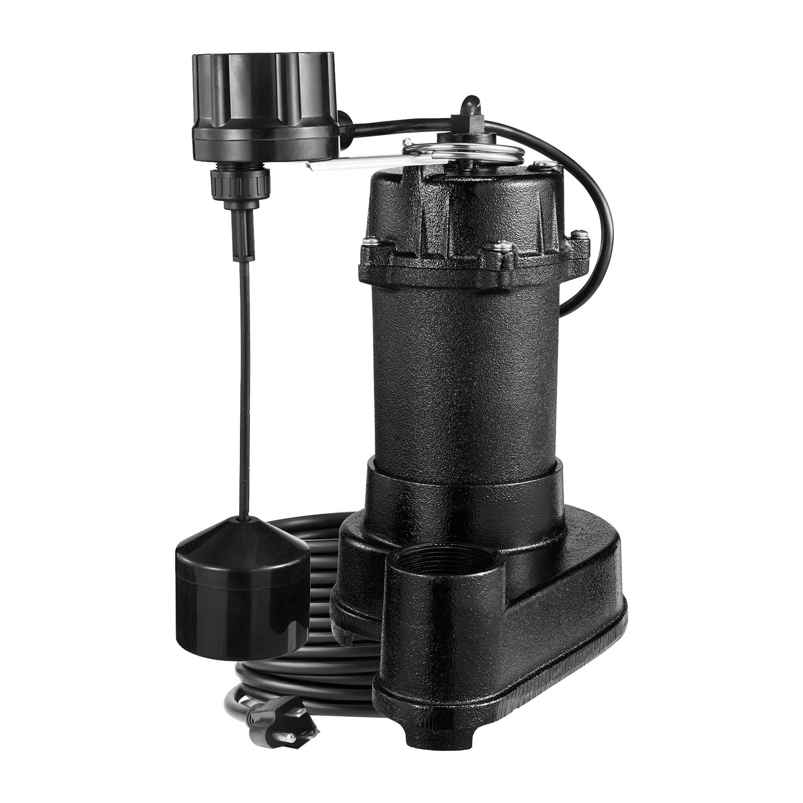 submersible sewage pump, 1/3 hp, 3000 gph cast iron sewage/effluent pump with automatic float switch, 1.5 inch npt discharge, 120v, 25 ft lift, for basement, septic tank, residential sump basin