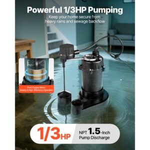 submersible sewage pump, 1/3 hp, 3000 gph cast iron sewage/effluent pump with automatic float switch, 1.5 inch npt discharge, 120v, 25 ft lift, for basement, septic tank, residential sump basin