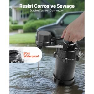 submersible sewage pump, 1/3 hp, 3000 gph cast iron sewage/effluent pump with automatic float switch, 1.5 inch npt discharge, 120v, 25 ft lift, for basement, septic tank, residential sump basin