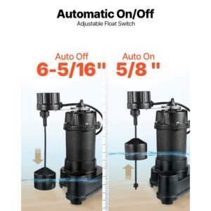 submersible sewage pump, 1/3 hp, 3000 gph cast iron sewage/effluent pump with automatic float switch, 1.5 inch npt discharge, 120v, 25 ft lift, for basement, septic tank, residential sump basin