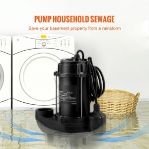 submersible sewage pump, 3/4 hp, 5880 gph, 1050w, durable cast iron, includes 2" outlet and 10 ft piggy back float switch, ideal for septic tanks, basements