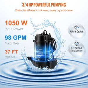 submersible sewage pump, 3/4 hp, 5880 gph, 1050w, durable cast iron, includes 2" outlet and 10 ft piggy back float switch, ideal for septic tanks, basements