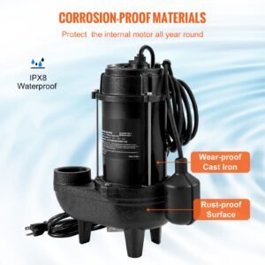 submersible sewage pump, 3/4 hp, 5880 gph, 1050w, durable cast iron, includes 2" outlet and 10 ft piggy back float switch, ideal for septic tanks, basements