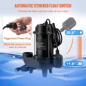 submersible sewage pump, 3/4 hp, 5880 gph, 1050w, durable cast iron, includes 2" outlet and 10 ft piggy back float switch, ideal for septic tanks, basements