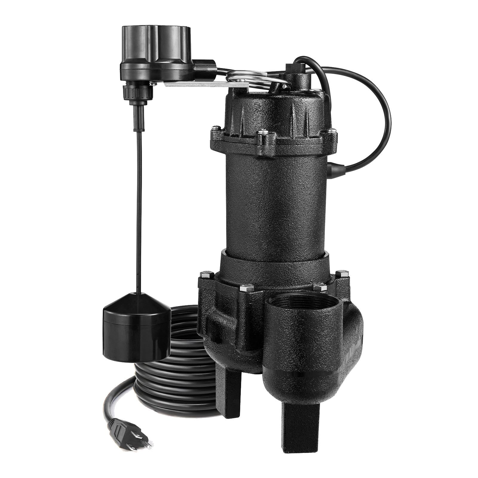submersible sewage pump, 3/4 hp, 6000 gph cast iron sewage/effluent pump with automatic tethered float switch, 2 inch npt discharge, 120v, 23 ft max lift, for basement, septic tank, residential