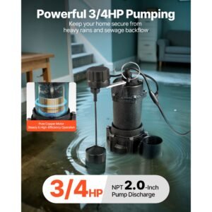 submersible sewage pump, 3/4 hp, 6000 gph cast iron sewage/effluent pump with automatic tethered float switch, 2 inch npt discharge, 120v, 23 ft max lift, for basement, septic tank, residential