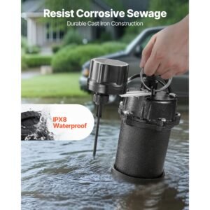 submersible sewage pump, 3/4 hp, 6000 gph cast iron sewage/effluent pump with automatic tethered float switch, 2 inch npt discharge, 120v, 23 ft max lift, for basement, septic tank, residential