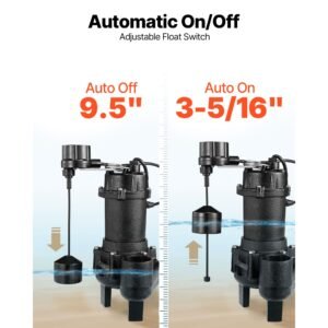 submersible sewage pump, 3/4 hp, 6000 gph cast iron sewage/effluent pump with automatic tethered float switch, 2 inch npt discharge, 120v, 23 ft max lift, for basement, septic tank, residential