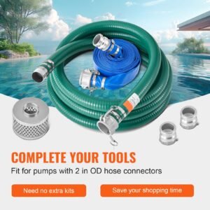 suction hose kit for water pump, with 2 in x 50 ft blue backwash hose, 20 ft green suction hose, and steel round hole strainer, camlocks, clamps, cam & groove adapter, for multiple purposes