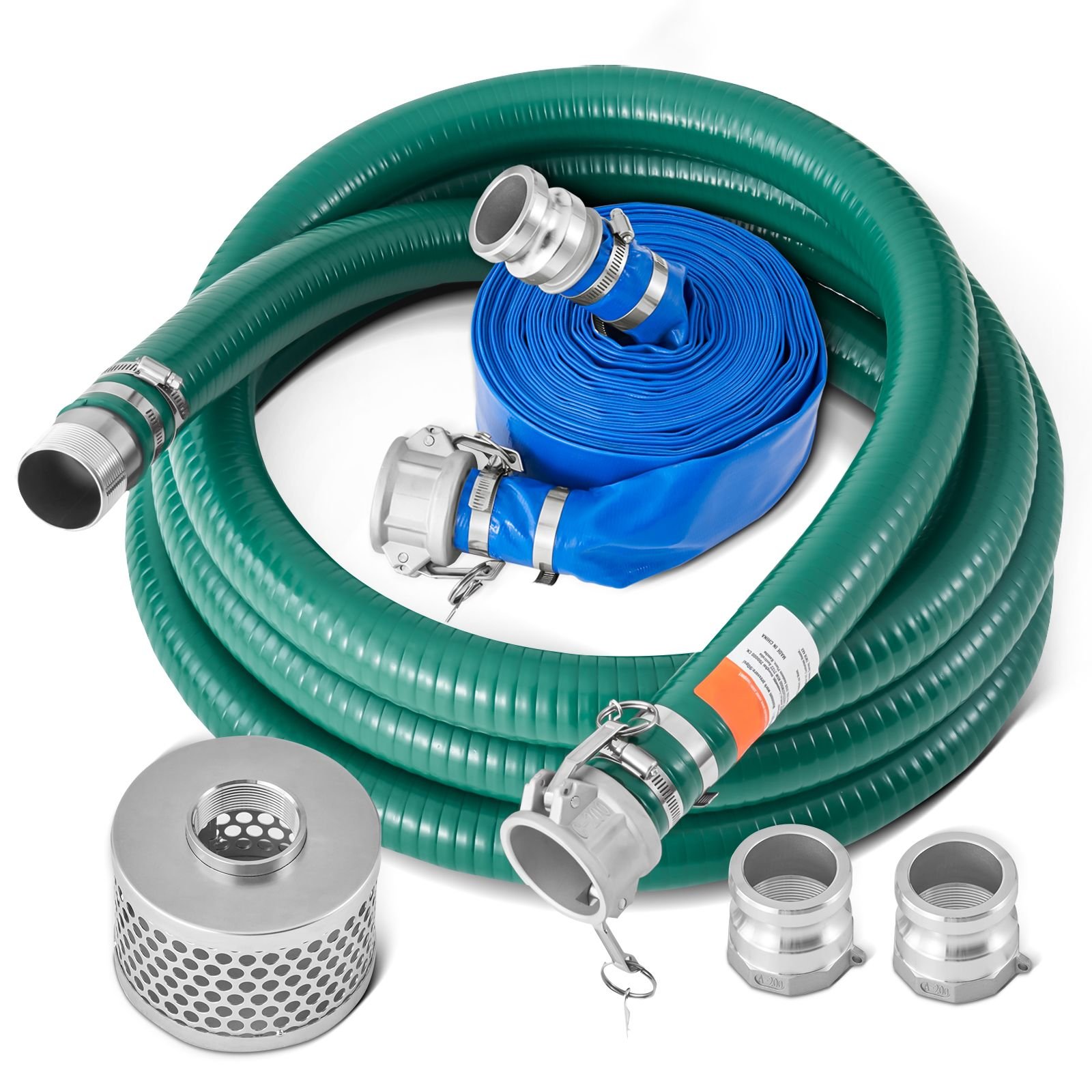 suction hose kit for water pump, with 2 in x 50 ft blue backwash hose, 20 ft green suction hose, and steel round hole strainer, camlocks, clamps, cam & groove adapter, for multiple purposes