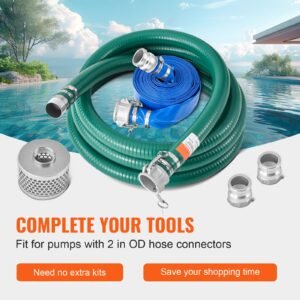 suction hose kit for water pump, with 2 in x 65 ft blue backwash hose, 20 ft green suction hose, and steel round hole strainer, camlocks, clamps, cam & groove adapter, for multiple purposes
