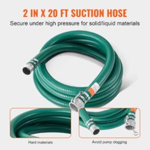 suction hose kit for water pump, with 2 in x 65 ft blue backwash hose, 20 ft green suction hose, and steel round hole strainer, camlocks, clamps, cam & groove adapter, for multiple purposes
