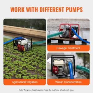 suction hose kit for water pump, with 2 in x 65 ft blue backwash hose, 20 ft green suction hose, and steel round hole strainer, camlocks, clamps, cam & groove adapter, for multiple purposes