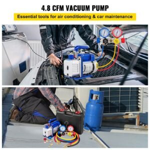 suction pump 4.8cfm 1/4 hp single stage for hvac a/c cooling systems, 5pa ultimate vacuum, manifold gauge kit r410a r134a r22, includes 4 way gauge & hose