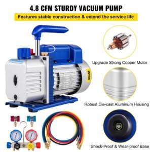 suction pump 4.8cfm 1/4 hp single stage for hvac a/c cooling systems, 5pa ultimate vacuum, manifold gauge kit r410a r134a r22, includes 4 way gauge & hose