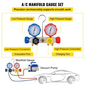 suction pump 4.8cfm 1/4 hp single stage for hvac a/c cooling systems, 5pa ultimate vacuum, manifold gauge kit r410a r134a r22, includes 4 way gauge & hose