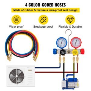 suction pump 4.8cfm 1/4 hp single stage for hvac a/c cooling systems, 5pa ultimate vacuum, manifold gauge kit r410a r134a r22, includes 4 way gauge & hose