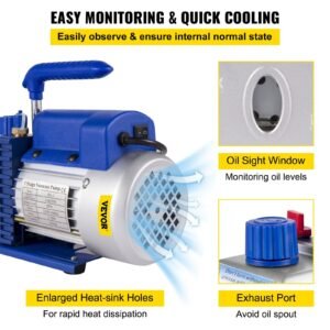 suction pump 4.8cfm 1/4 hp single stage for hvac a/c cooling systems, 5pa ultimate vacuum, manifold gauge kit r410a r134a r22, includes 4 way gauge & hose