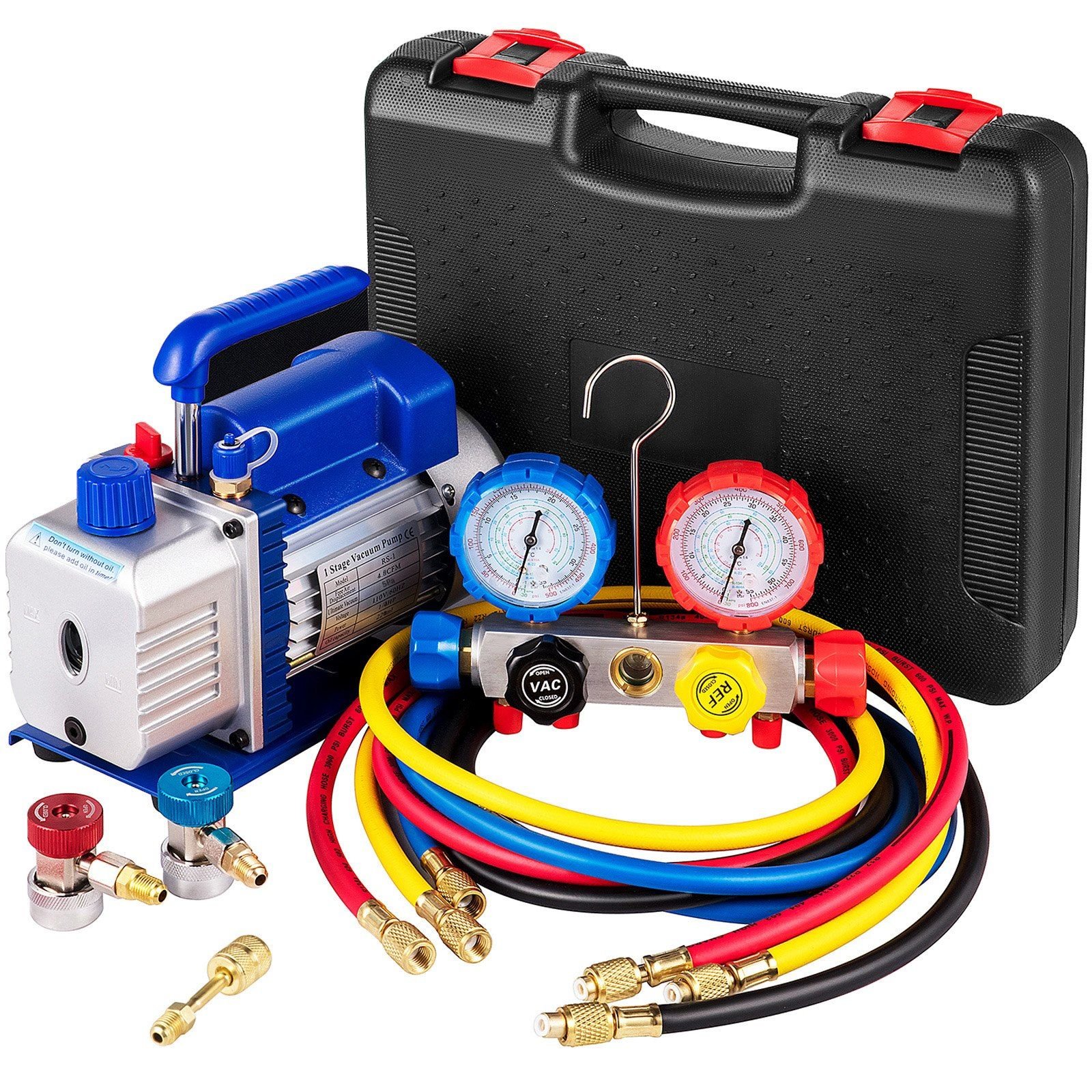 suction pump 4.8cfm 1/4 hp single stage for hvac a/c cooling systems, 5pa ultimate vacuum, manifold gauge kit r410a r134a r22, includes 4 way gauge & hose