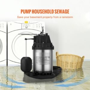 sump pump, 1/2 hp 3960 gph, submersible stainless steel water pump, 1 1/2" npt discharge with 33 ft cord, automatic float switch with piggy back plug, for indoor basement water basin