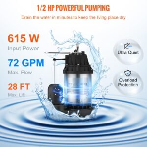 sump pump, 1/2 hp 3960 gph, submersible stainless steel water pump, 1 1/2" npt discharge with 33 ft cord, automatic float switch with piggy back plug, for indoor basement water basin