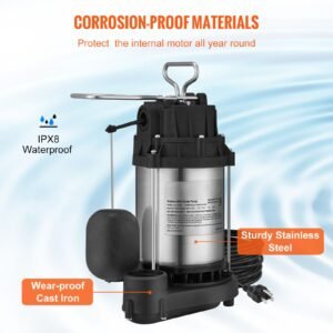 sump pump, 1/2 hp 3960 gph, submersible stainless steel water pump, 1 1/2" npt discharge with 33 ft cord, automatic float switch with piggy back plug, for indoor basement water basin