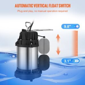 sump pump, 1/2 hp 3960 gph, submersible stainless steel water pump, 1 1/2" npt discharge with 33 ft cord, automatic float switch with piggy back plug, for indoor basement water basin