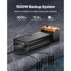 sump pump battery backup system, 1500w, auto switches to battery inverter for continuous sump pump operation, pure sine wave, lcd display, for basement protection emergency and power outage
