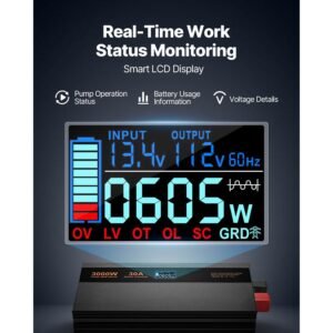 sump pump battery backup system, 3000w, auto switches to battery inverter for continuous sump pump operation, pure sine wave, lcd display, for basement protection emergency and power outage