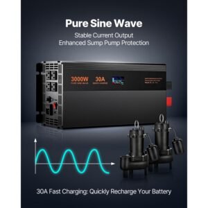 sump pump battery backup system, 3000w, auto switches to battery inverter for continuous sump pump operation, pure sine wave, lcd display, for basement protection emergency and power outage