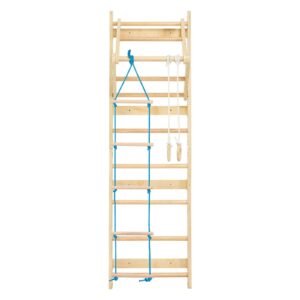Swedish Ladder Wall Gym, 4-in-1 8-Level Indoor Jungle Gym, 220LBS Loading Solid Wood Gymnastic Stall Bars, Indoor Playground Climbing Playset with Gym Rings, Pull-Up Bar, Rope Ladder